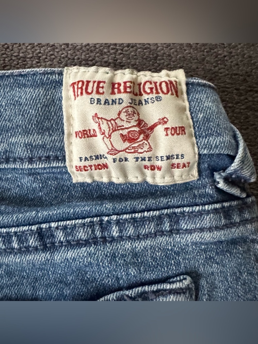 True Religion Blue Denim Jean Shorts Horseshoe Pocket Red TR logo appliqué M 10 - Picture 9 of 11
